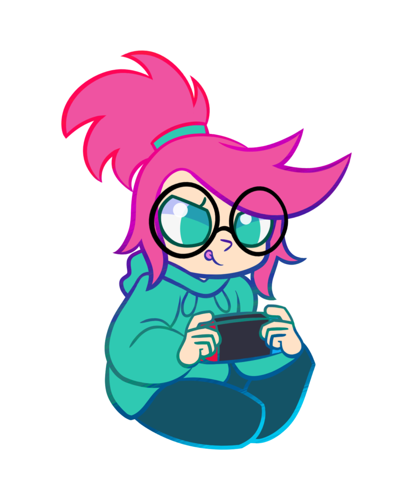 Hypecon mascot Rieku, who has pink hair, focusing on a video game